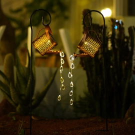 Solar Powered LED Watering Can Light Outdoor Decorative Kettle Art Fairy String Lights Hollow Shower Garden 